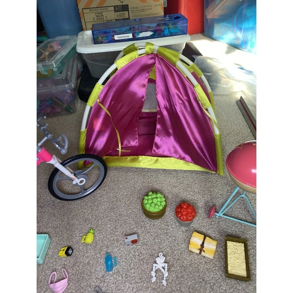Barbie Camping Travel Playset Lot Tent Bicycle Grill Pets Suitcase Accessories